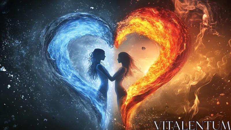 Dual Element Heart: Silhouetted Figures in Fire and Ice.