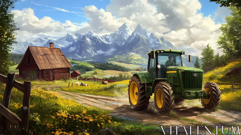 Green tractor on rural farm track below snowcapped mountains.