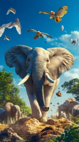 Elephant herd advancing through savanna with circling birds.