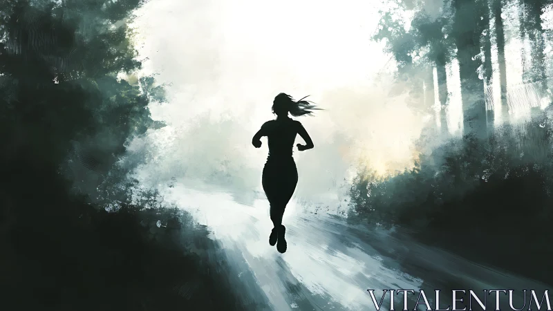 Silhouette runner on misty forest road in dynamic motion.