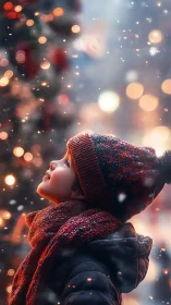 Child gazes at glowing winter lights in gentle snowfall.