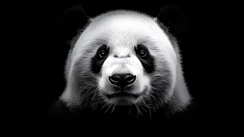 Majestic panda portrait emerges from deep black void.