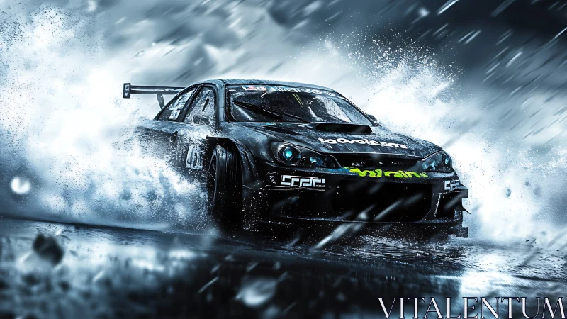 Racing car sliding on wet track with dynamic water spray.