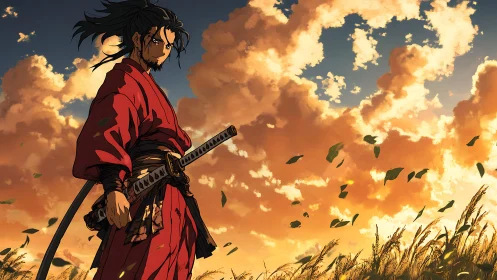 Samurai in crimson kimono stands against dramatic sunset sky