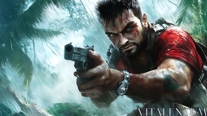 Battle-worn gunman aims pistol under tropical storm light scattering