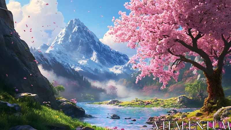 Snowy mountain and pink blossom tree by a calm river.