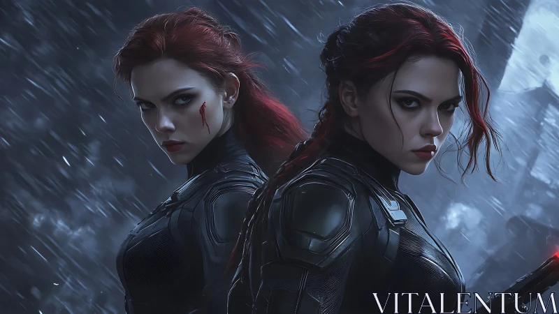 Stormlit twin warriors prowl the rain-slashed city night.