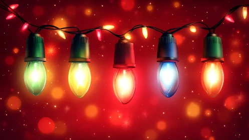 String of multicolored holiday bulbs on red bokeh backdrop.