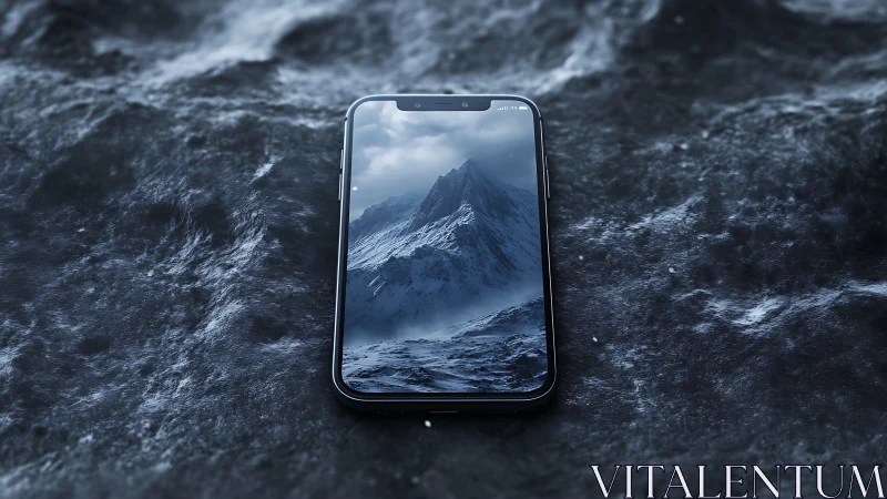 Smartphone renders alpine peak within reflective icy surface