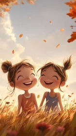 Smiling sisters in golden autumn meadow at sunset.