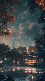 Urban skyline contrasts with lantern-lit lakeside villa at twilight