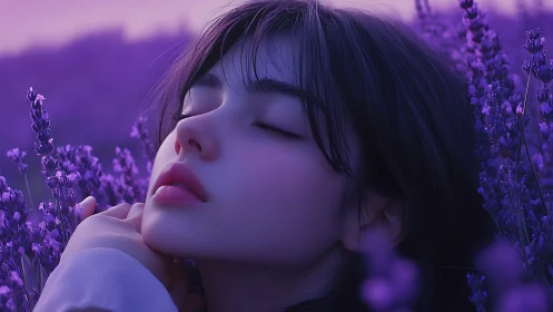 Soft-focus lavender portrait uses shallow depth and violet grading