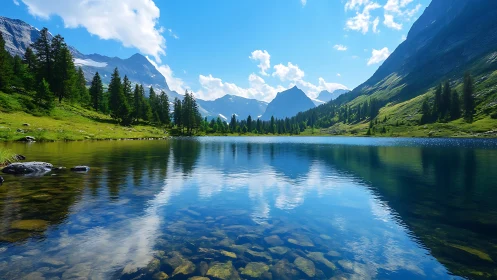 Sky-mirrored alpine lake cradled by bright summer peaks.