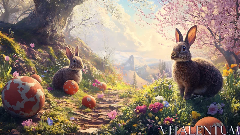 Curious springtime bunnies exploring a magical flower path.