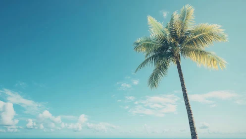 Solitary Coconut Palm Against Turquoise Sky and Horizon Line.