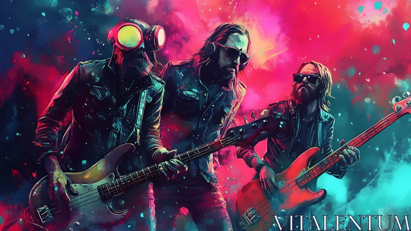 Rock band trio in neon abstract lighting on stage.