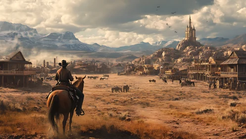 Dusty frontier boulevard greets lone rider beneath stormy skies