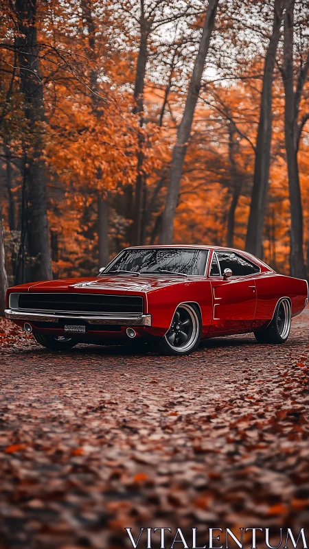 Crimson muscle car prowls softly through a copper forest lane