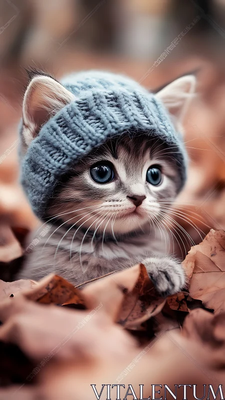 Tabby kitten wearing knit beanie hat indoors with warm tones