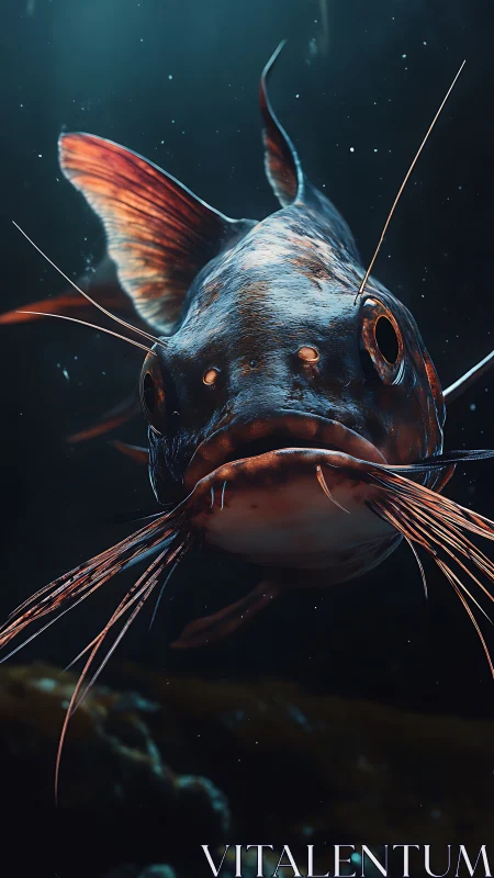 Curious catfish glides through dim blue water with quiet grace