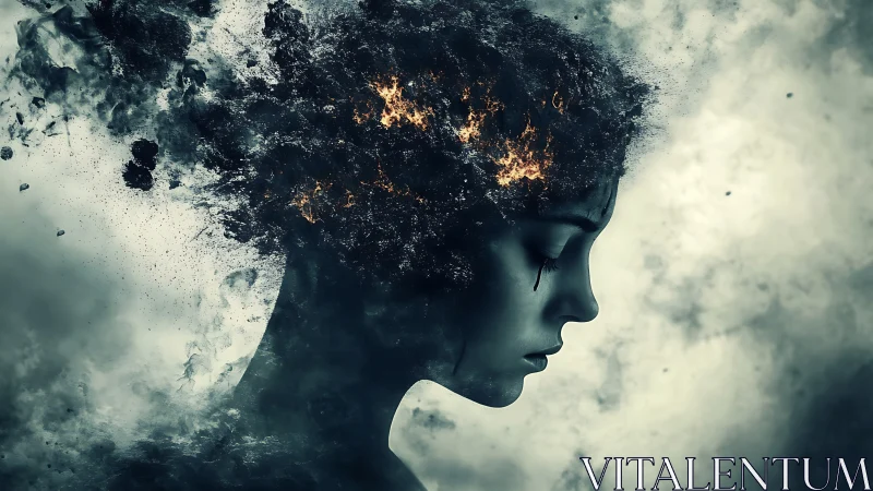 Shattered silhouette with burning thoughts in smoky void.