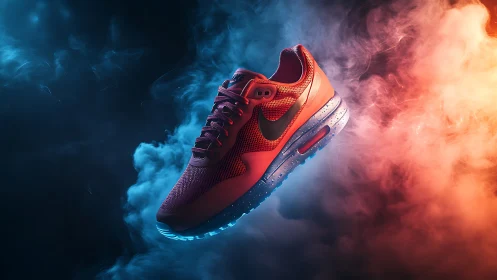 Bicolor vapor-lit athletic sneaker in cinematic product isolation.