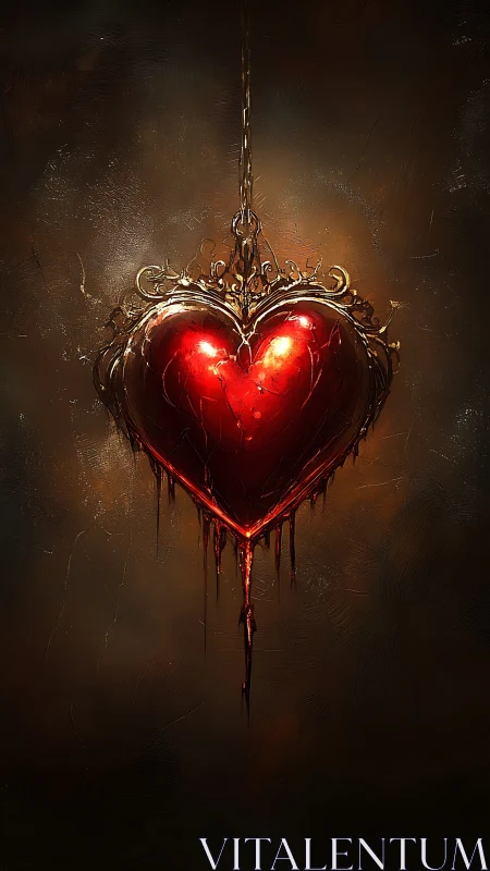 Illuminated ornamental heart suspended by chain on textured background.