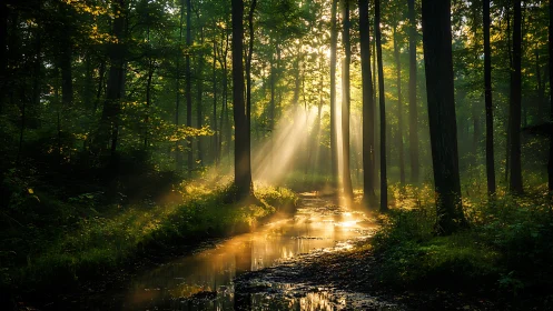 Sunlight Streaming Through Lush Forest with Reflective Stream.