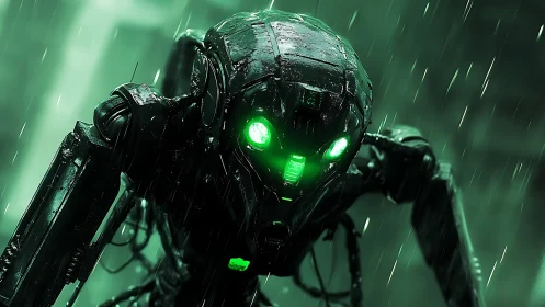 Rain‑drenched quadrupedal combat drone with luminous optics.