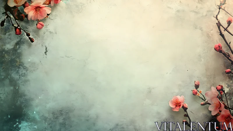 Coral flowers and buds arranged on weathered textured surface.