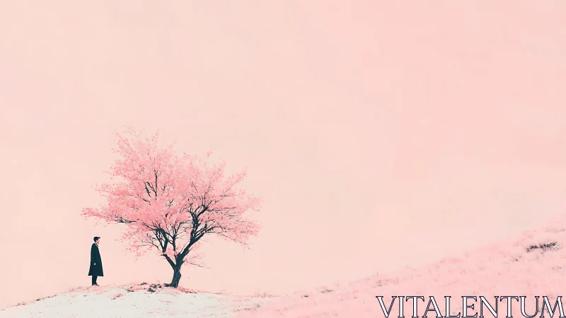 Solitary dreamer beneath a blush-tinted sakura hillside.