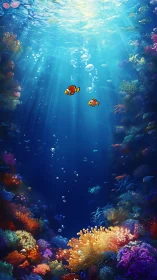 Clownfish glide through a sunlit coral canyon of deep blue