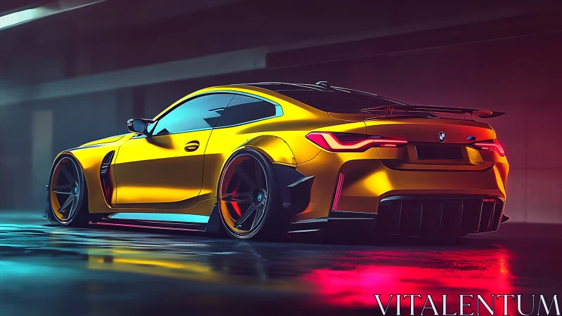 Yellow BMW sports coupe in neon lit garage at night.