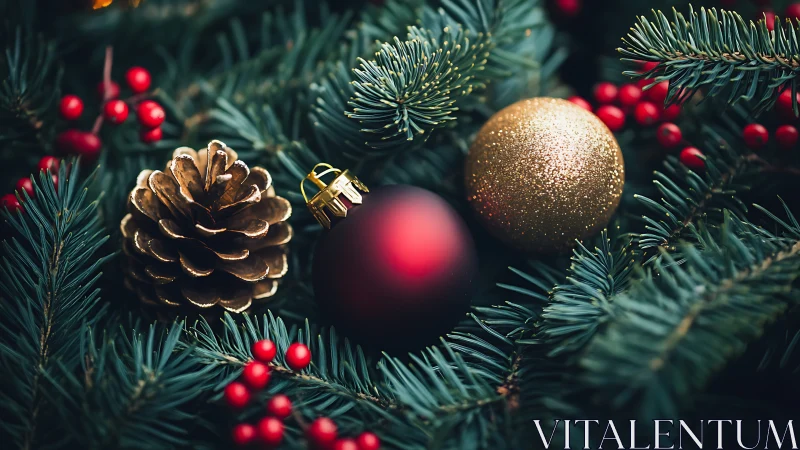 Photorealistic evergreen wreath with ornaments and pinecone detail.