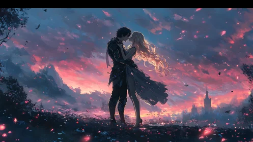 Silhouetted couple stands embracing under vivid sunset sky