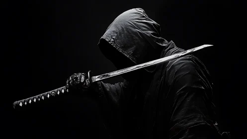 Hooded swordsman in low key silhouette with reflective katana.