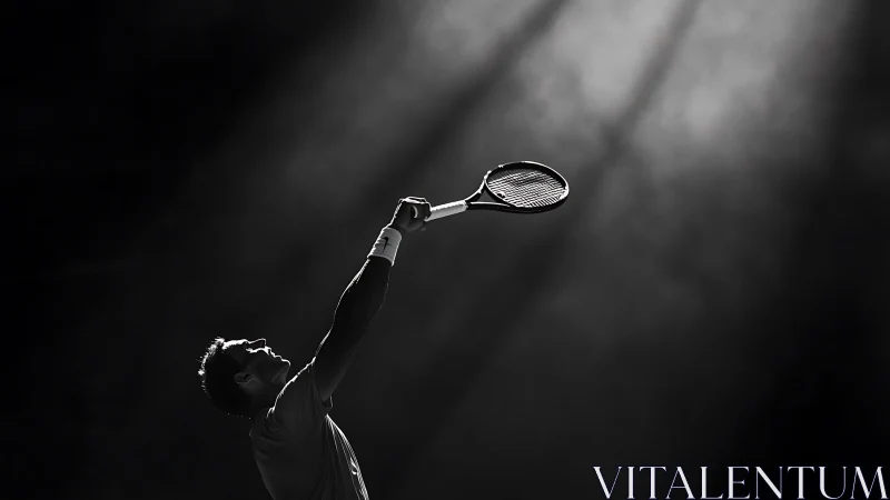 Silhouetted tennis serve under dramatic spotlight beams.