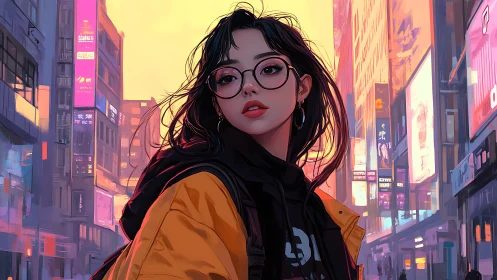 Urban neon stroll with stylish girl in golden hour glow.