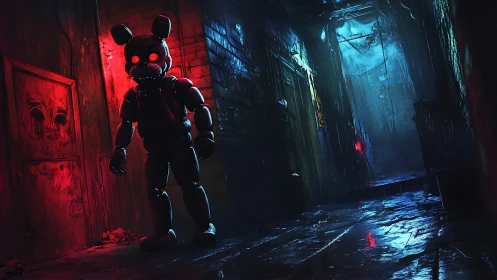 Red-eyed alley animatronic stalker in neon rain-soaked gloom.