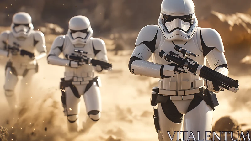 Armored sci fi soldiers running through dusty terrain.