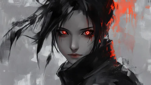 Red-eyed anime character portrait uses stark grayscale contrast