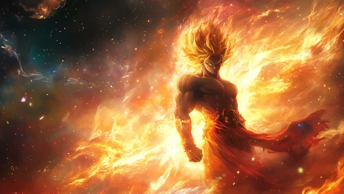 Flaming cosmic warrior emerges within swirling starlit inferno.