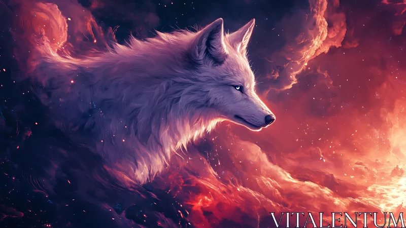 White canid profile rendered against luminous nebular clouds