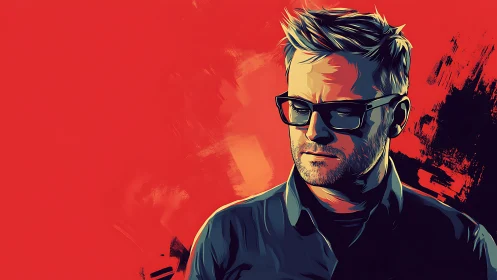 Brooding glasses and blazing red backdrop ignite quiet drama.