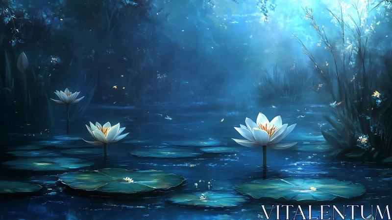 Nocturnal waterlilies in luminous blue wetland tableau.