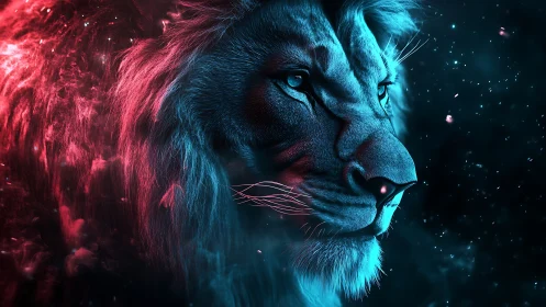 Lion profile rendered with dual-color neon rim lighting