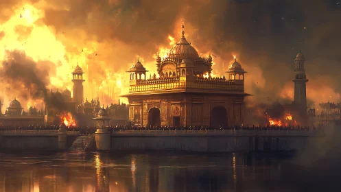 Golden citadel under siege in a storm of burning sky.