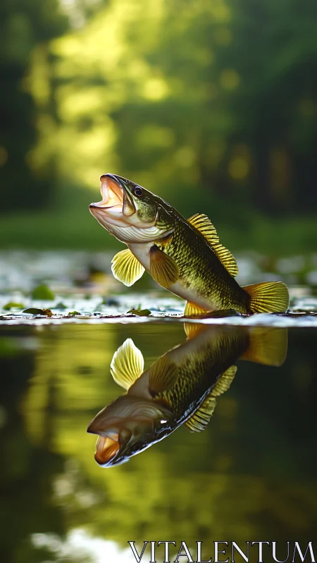 Largemouth bass breaks the water’s surface in golden light.