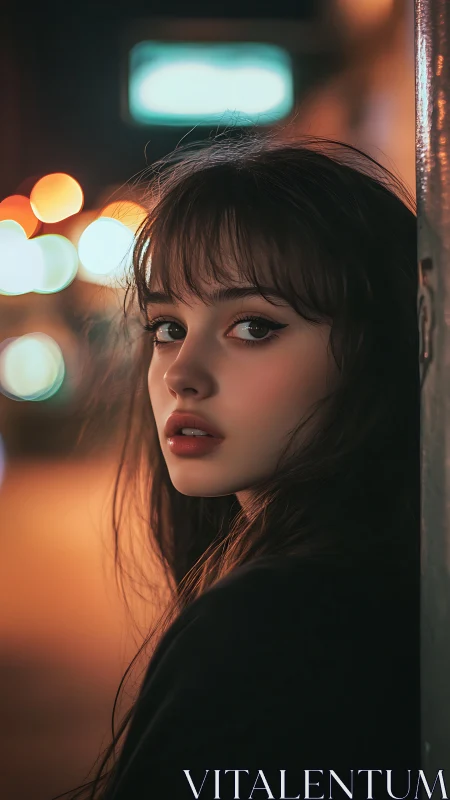 Portrait of a young woman in shallow-depth night street lighting