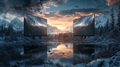 Dual cinematic displays embedded in alpine winter riverine vista.